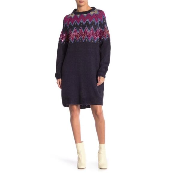 Solutions Dresses & Skirts - Sequin Sweater Dress Alpine Fair Isle Winter Holiday Solutions Chunky sz S